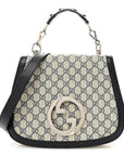 GG Supreme Monogram Textured Dollar Calfskin Web Medium Blondie Top Handle Shoulder Flap Bag Beige Blue