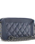 Metallic Caviar Quilted Small Boy Clutch With Chain Navy
