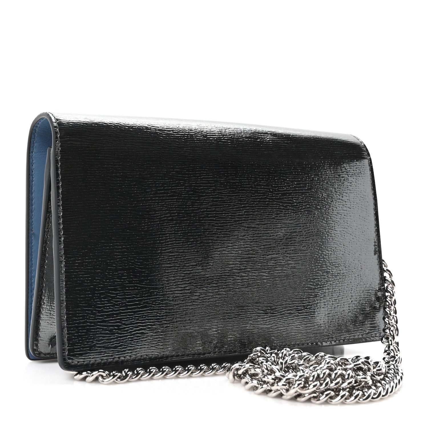 Textured Patent Bi-color GG Marmont Wallet on Chain  Silver Blue