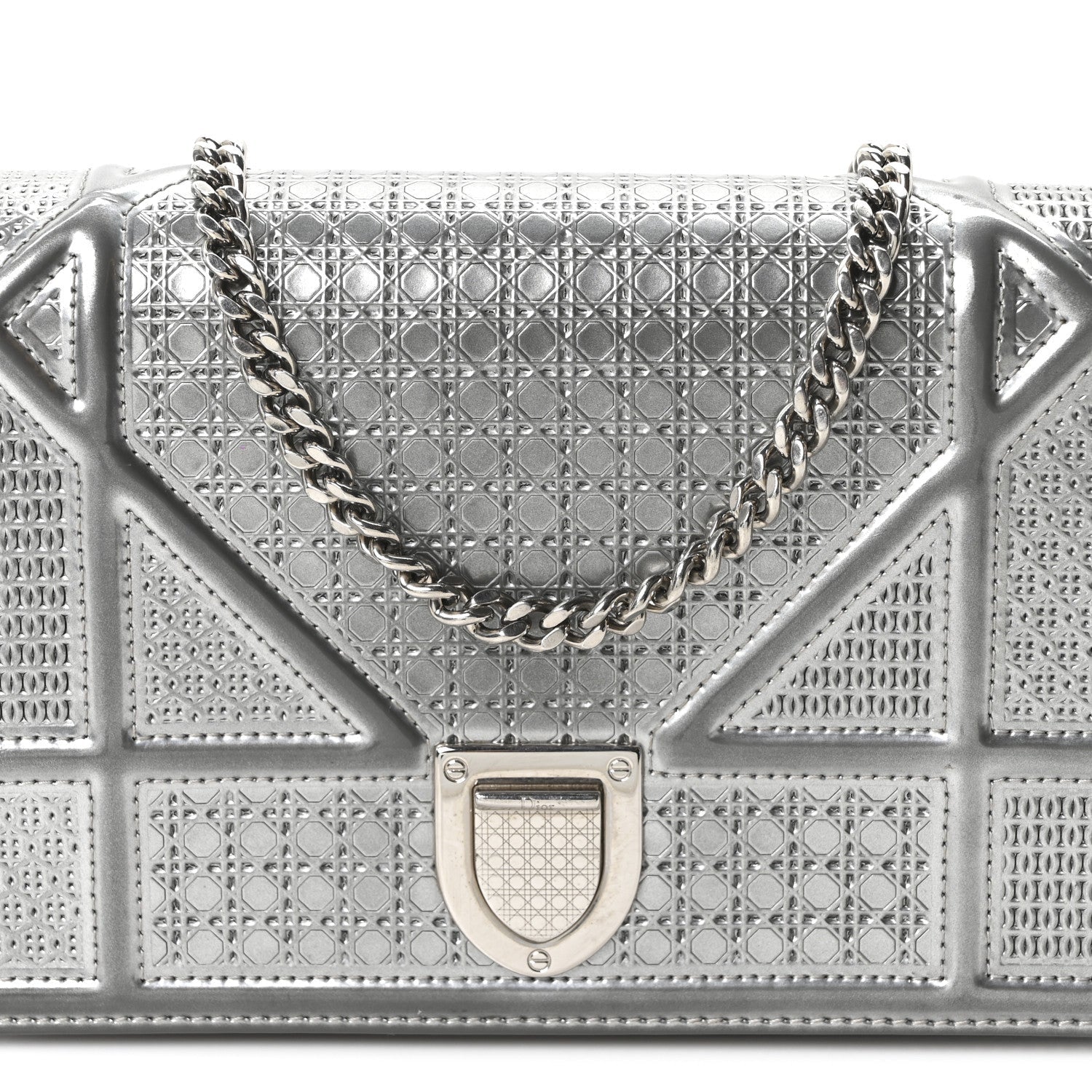 Metallic Patent Micro-Cannage D1ORama Wallet on Chain Pouch Silver