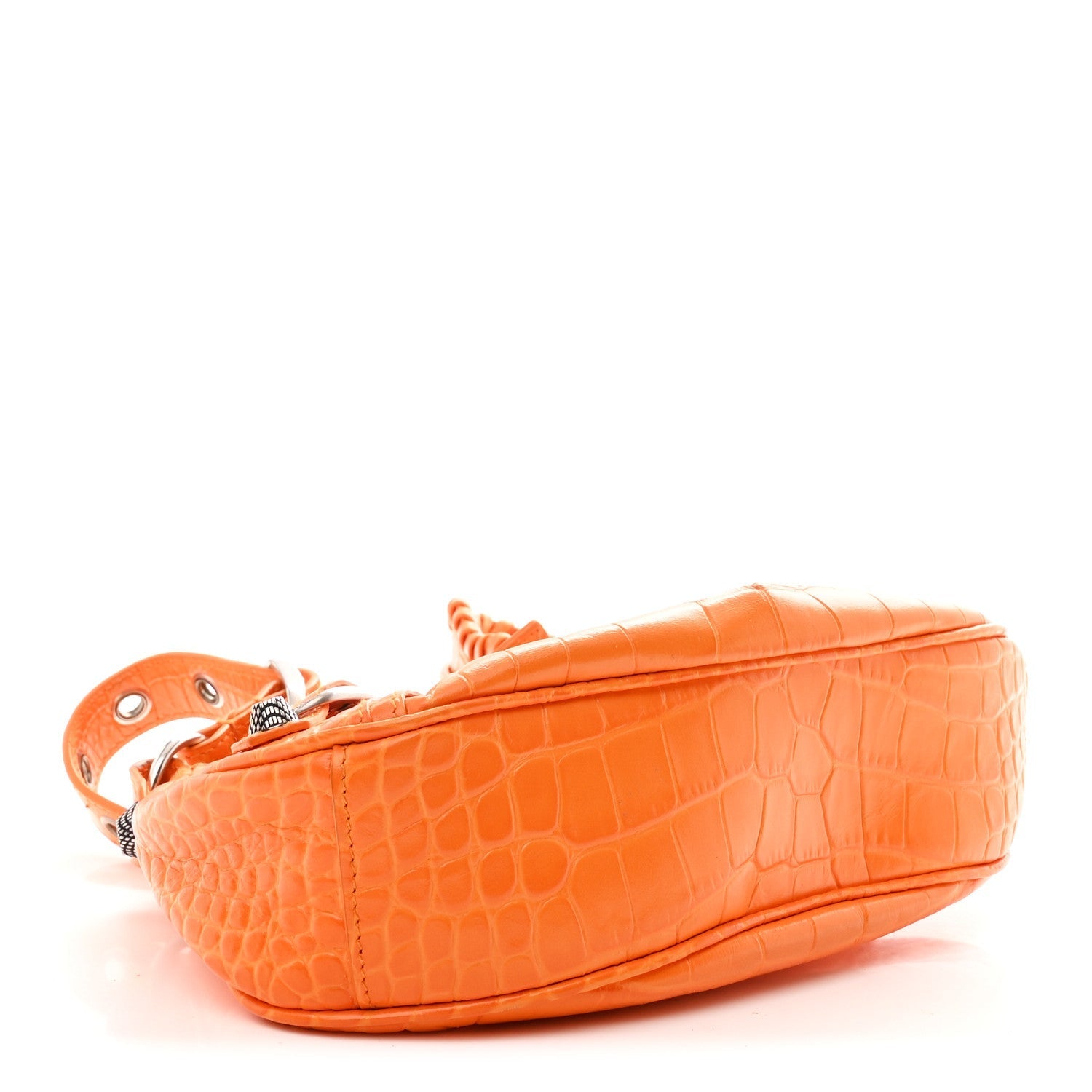 Extra Supple Calfskin Crocodile Embossed Le Cagole Shoulder Bag XS Pop Orange