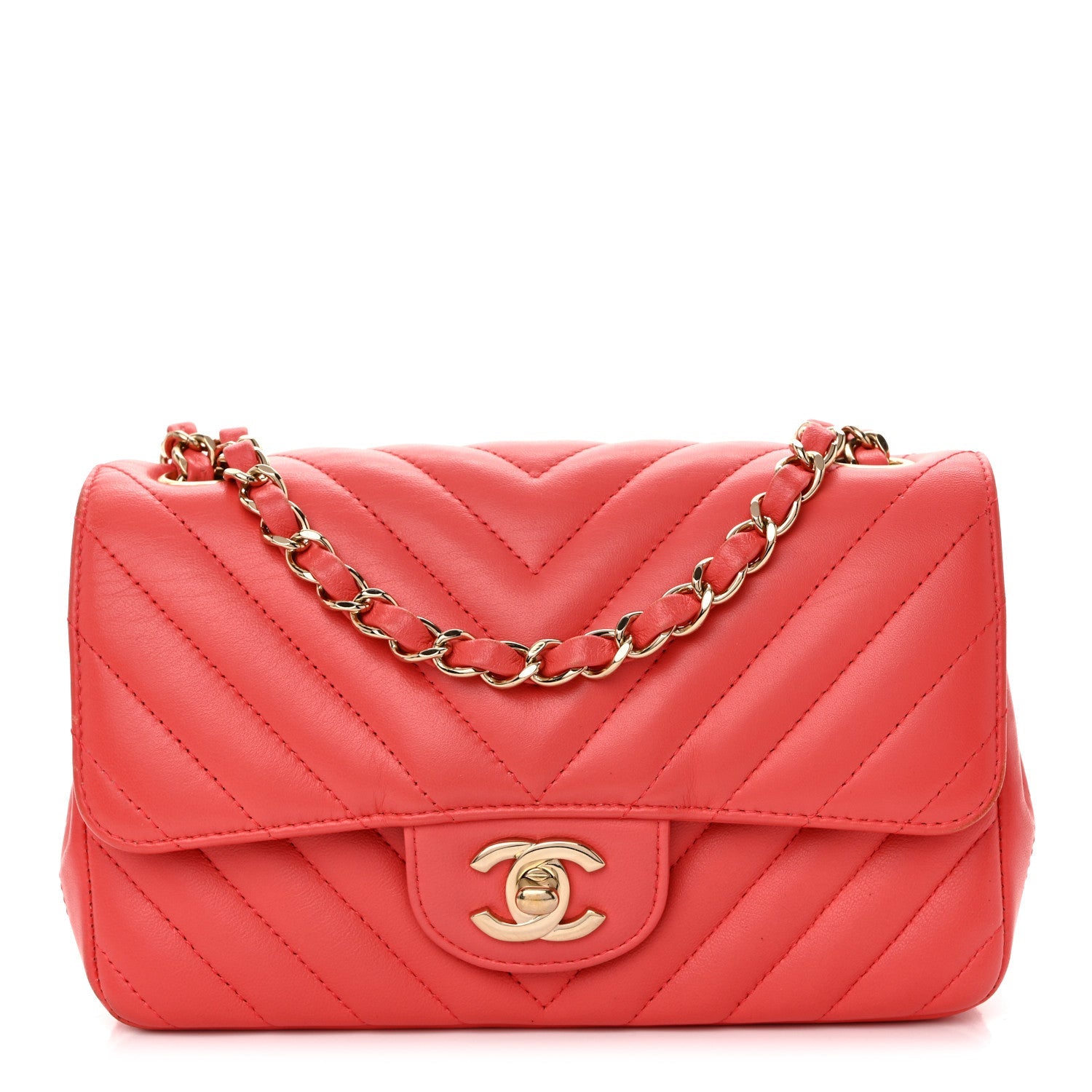 Lambskin Chevron Quilted Mini Rectangular Flap Coral