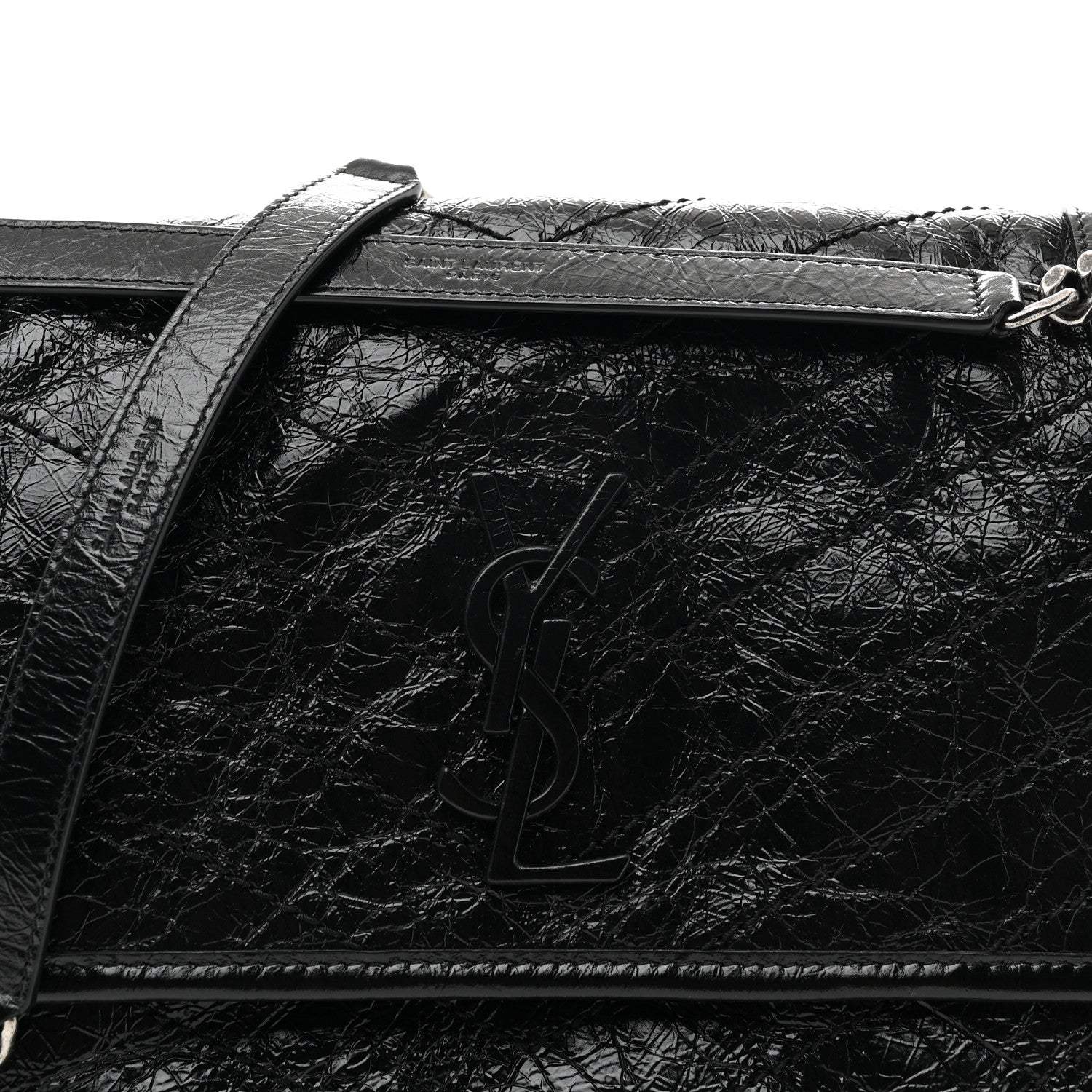 Crinkled Calfskin Matelasse Monogram Medium Niki Chain Satchel Black