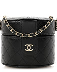 Lambskin Quilted Mini Round Vanity Case With Chain Black