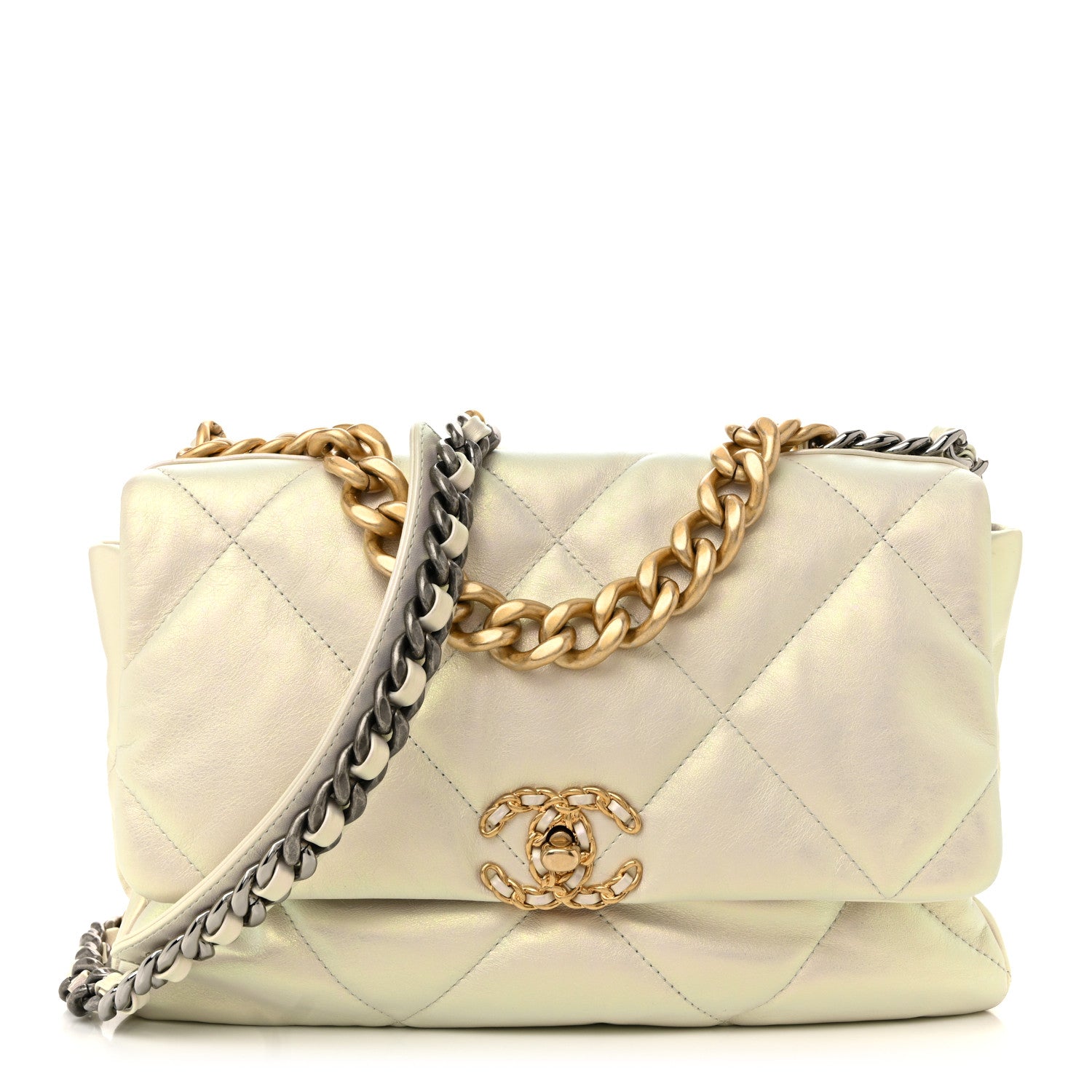 Iridescent Calfskin Quilted Large CHNL 19 Flap White