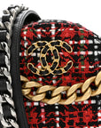 Tweed Quilted CHNL 19 Round Clutch With Chain  Red Black White Green