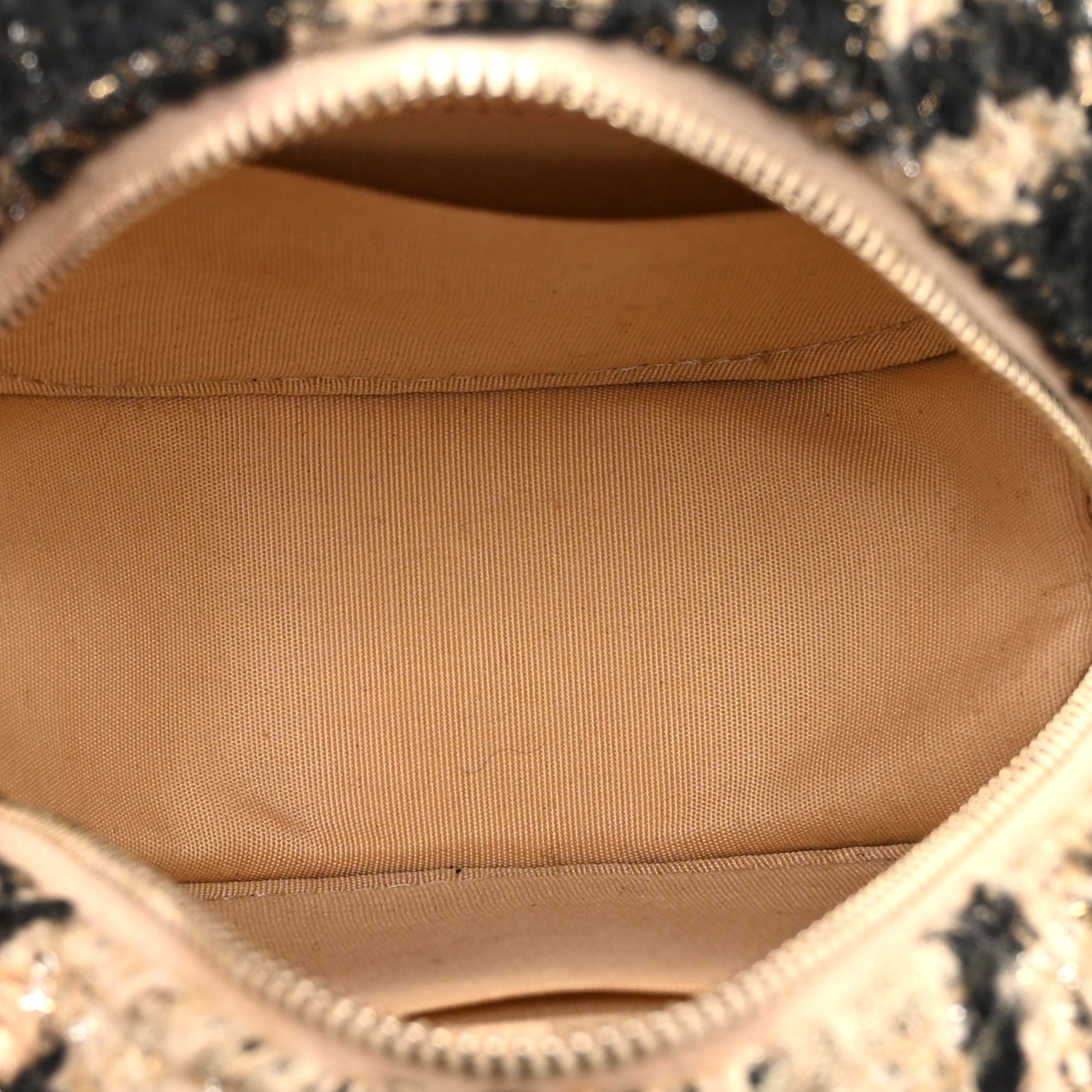 Wool Tweed Lambskin Quilted CHNL 19 Round Clutch With Chain and Coin Purse Beige Black