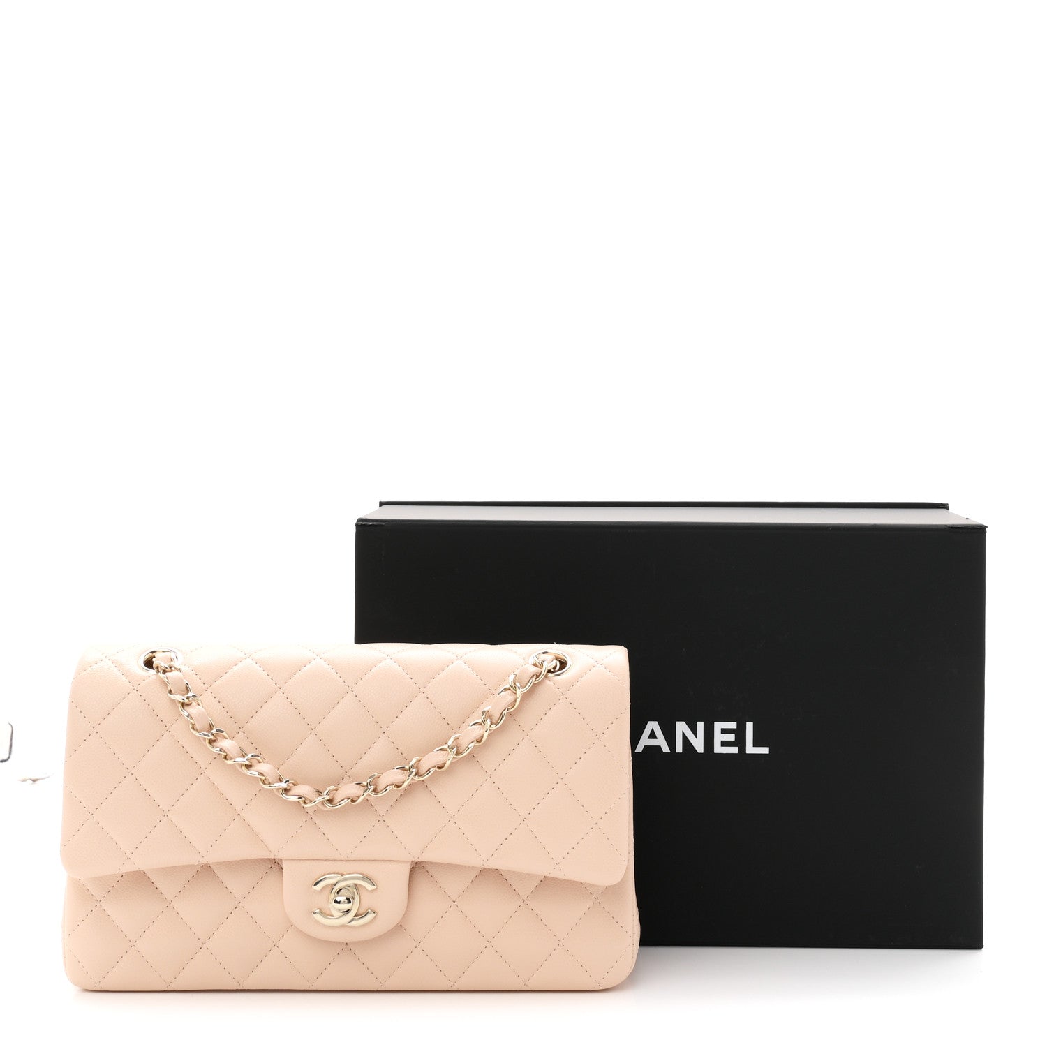 Caviar Quilted Medium Double Flap Beige