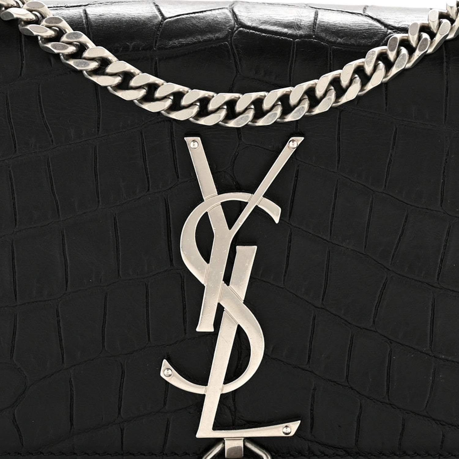Calfskin Crocodile Embossed Small Classic Monogram Kate Tassel Satchel Black