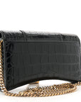 Shiny Calfskin Crocodile Embossed Hourglass Chain Bag Black
