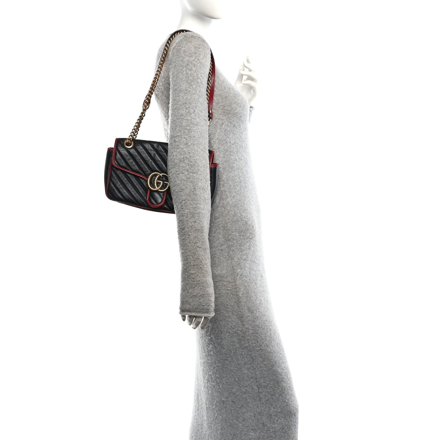 Vintage Effect Calfskin Matelasse Diagonal Small Torchon GG Marmont Shoulder Bag Black Romantic Cherry