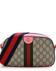 GG Supreme Monogram Textured Dollar Calfskin Web Ophidia Small Crossbody Bag Beige Ebony Fuchsia