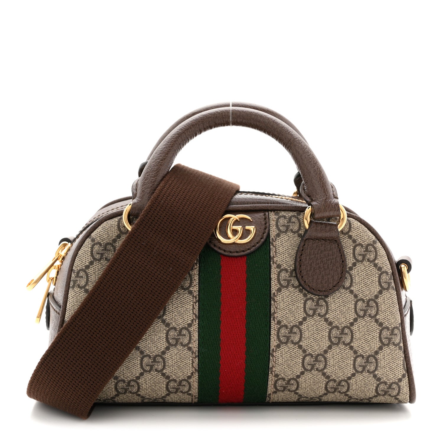 GG Supreme Monogram Textured Dollar Calfskin Web Mini Ophidia Top Handle Bowler Bag Beige Ebony New Acero