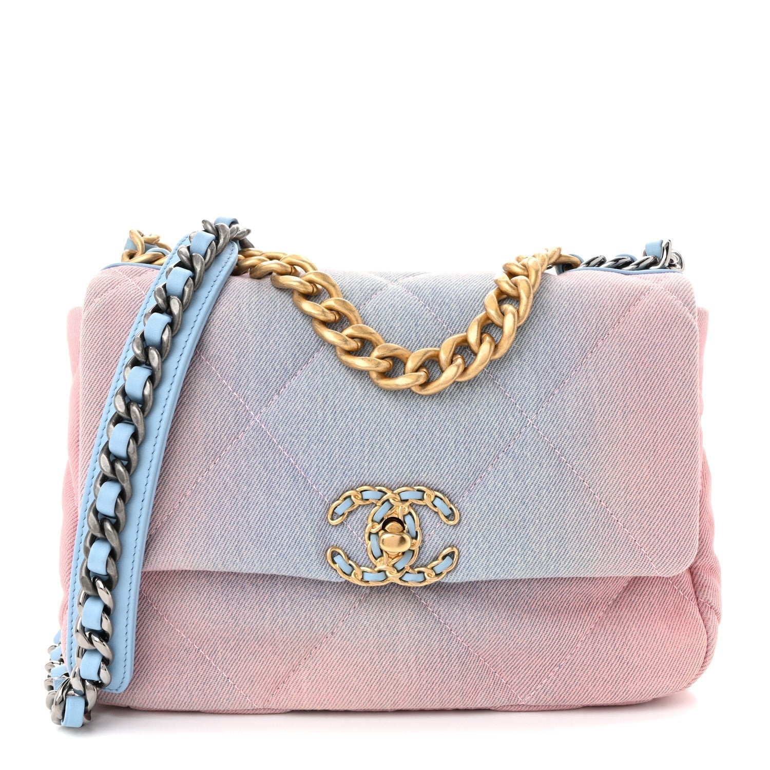Denim Quilted Medium CHNL 19 Flap Blue Pink