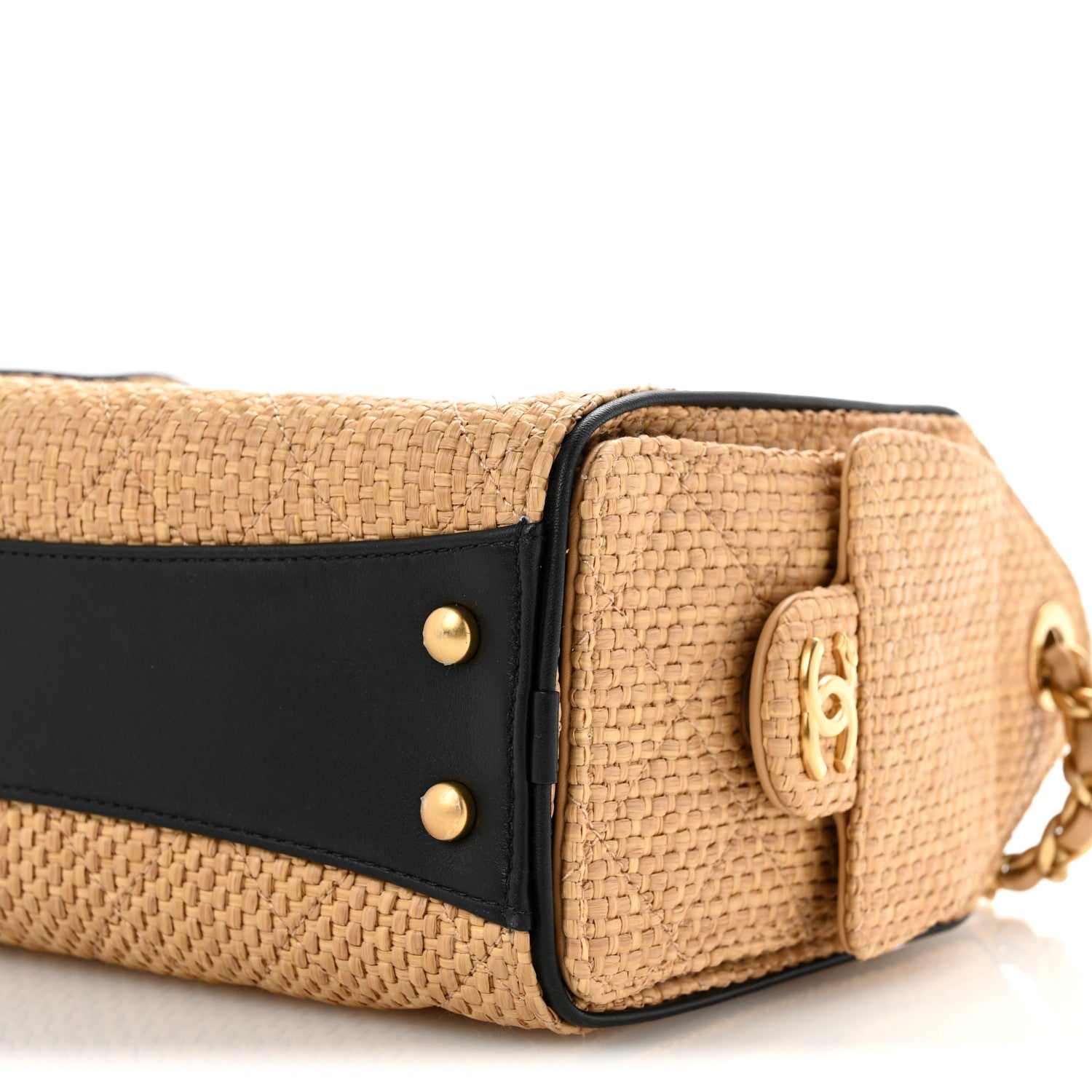Braided Raffia Calfskin Quilted Mini CHNL 25 Handbag Beige Black