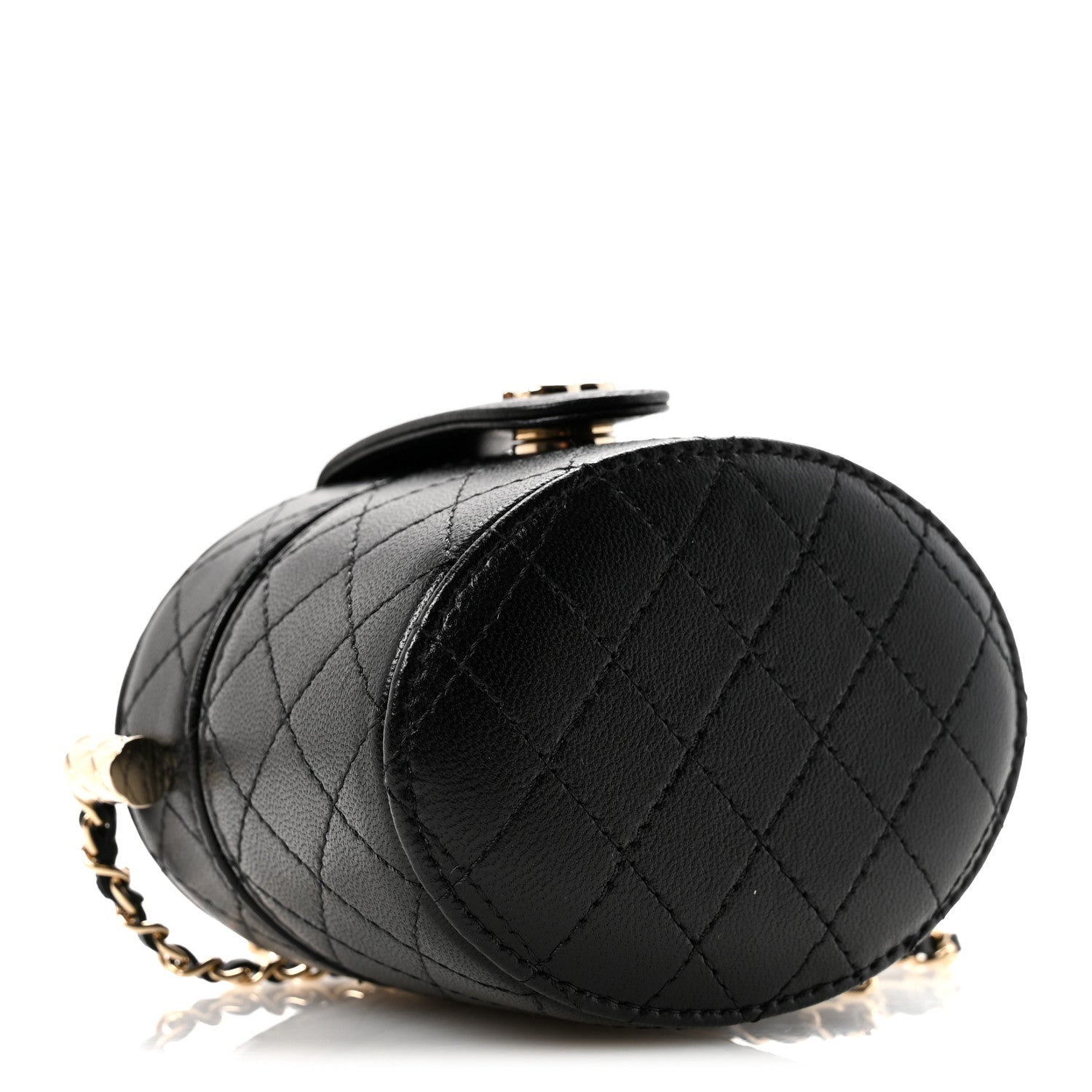 Lambskin Quilted Mini Round Vanity Case With Chain Black