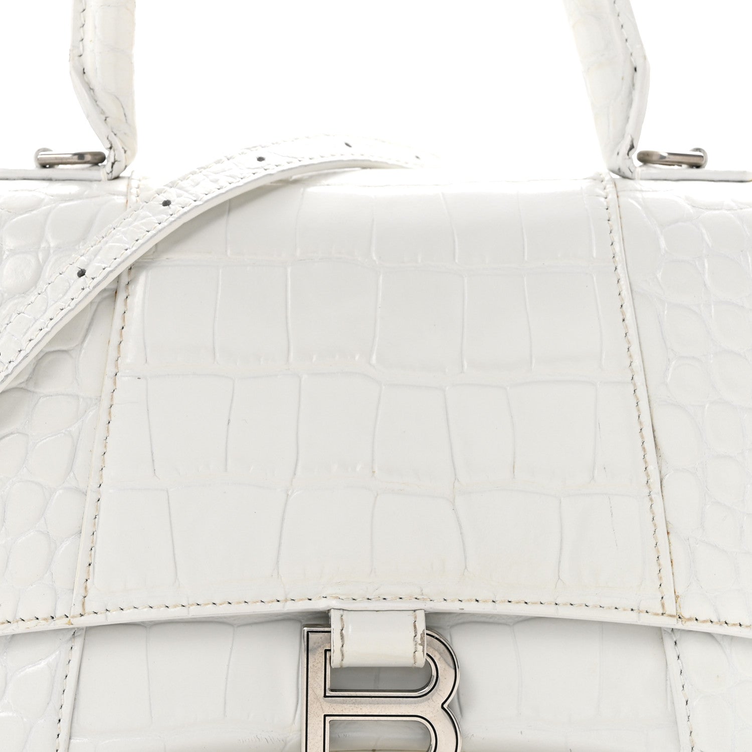 Calfskin Crocodile Embossed Small Hourglass Top Handle Bag White