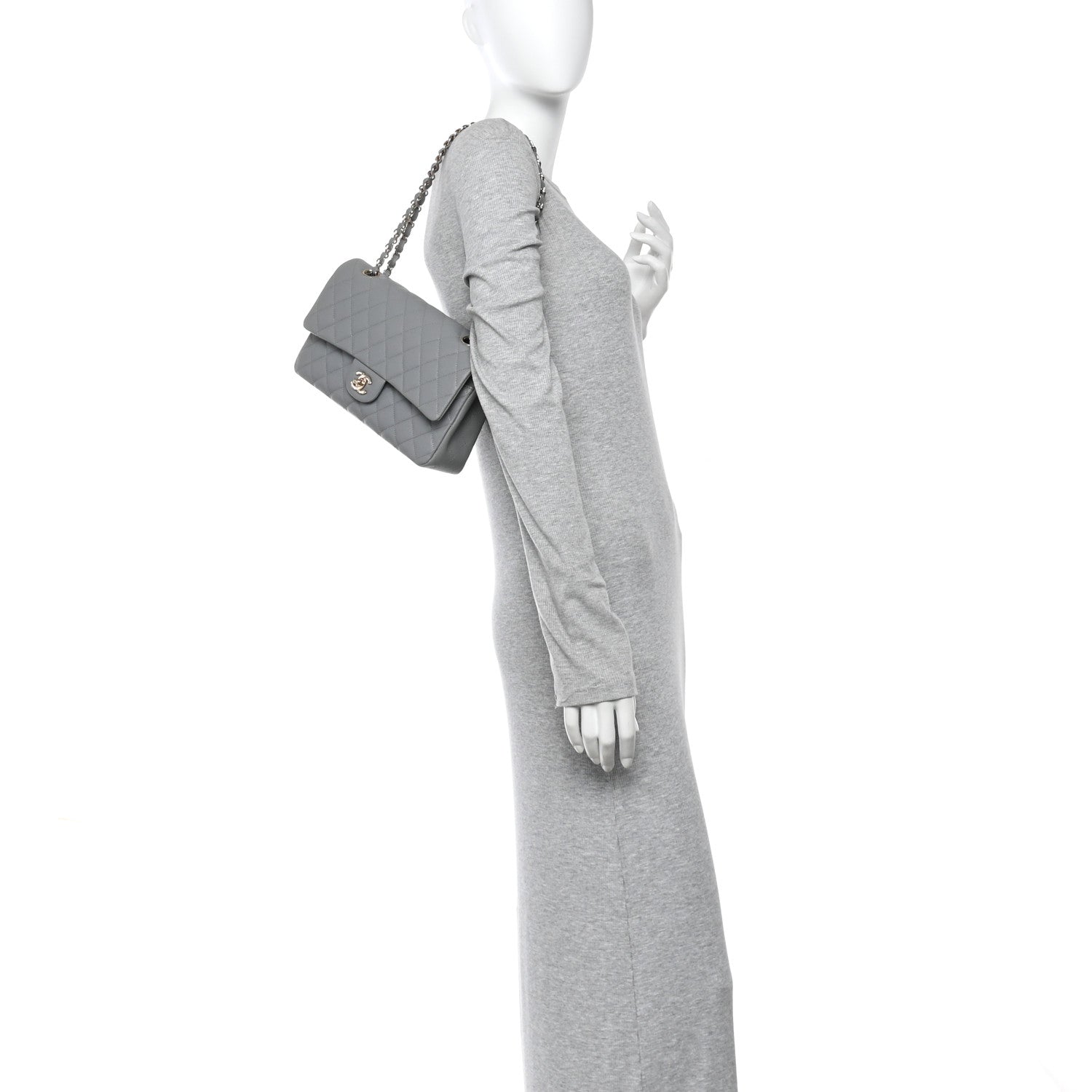 Caviar Quilted Medium Double Flap Grey