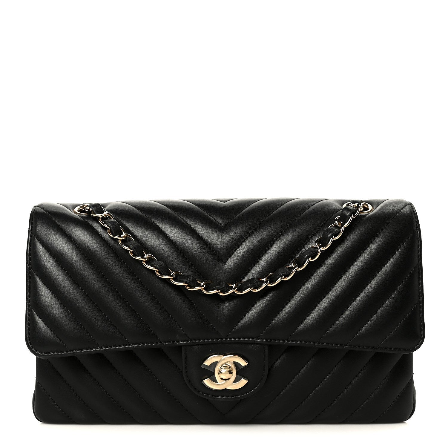 Lambskin Chevron Quilted Medium Double Flap Black
