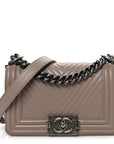 Calfskin Chevron Quilted Small Boy Flap Dark Beige