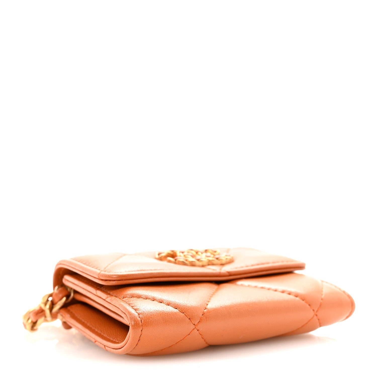 Lambskin Quilted CHNL 19 Flap Coin Purse With Chain Light Brown