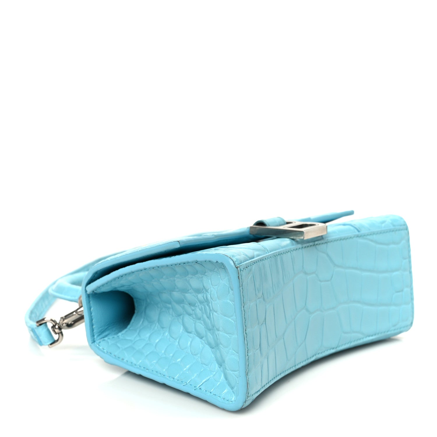 Shiny Calfskin Crocodile Embossed Hourglass Top Handle Bag XS Turquoise