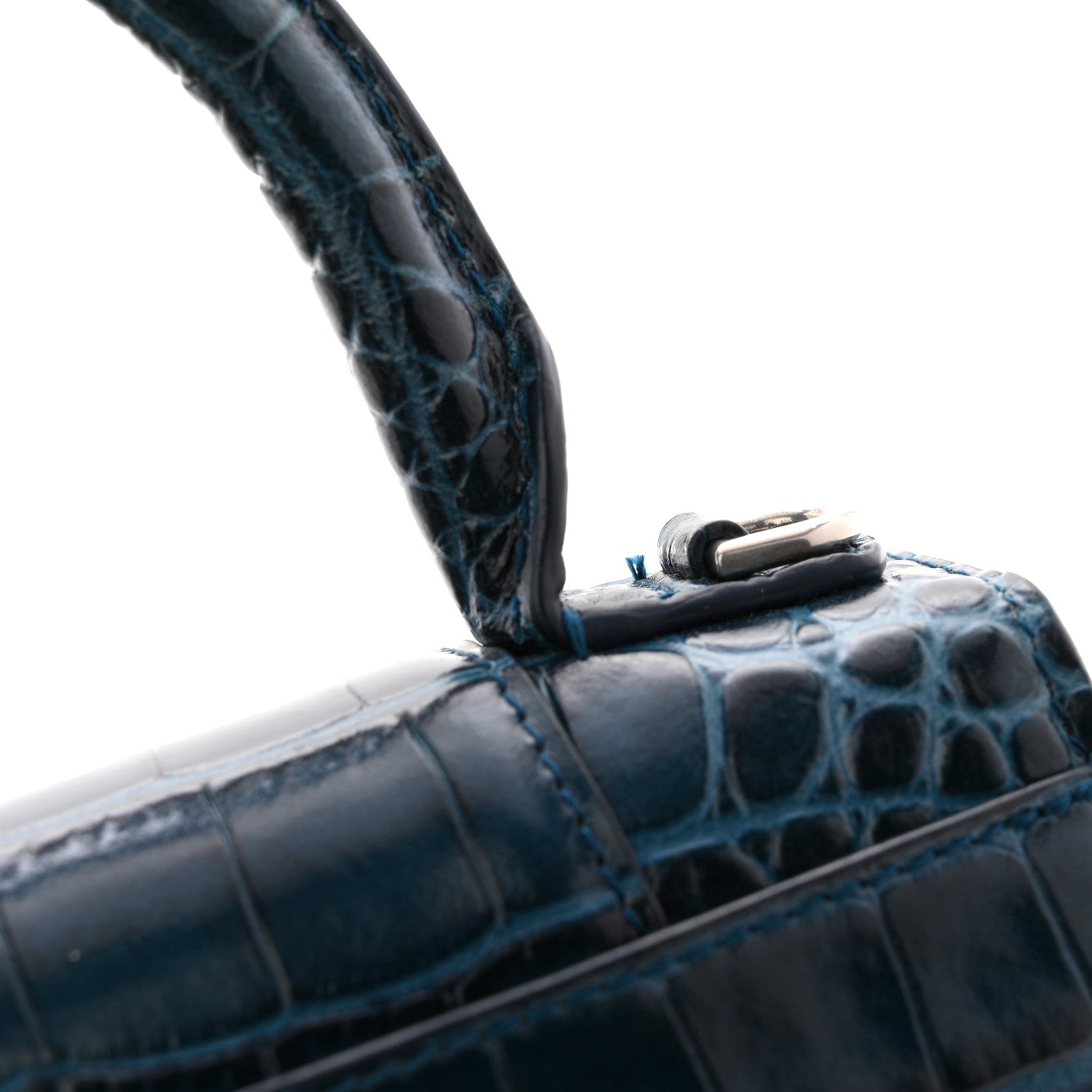 Shiny Calfskin Crocodile Embossed Hourglass Top Handle Bag XS Denim Blue