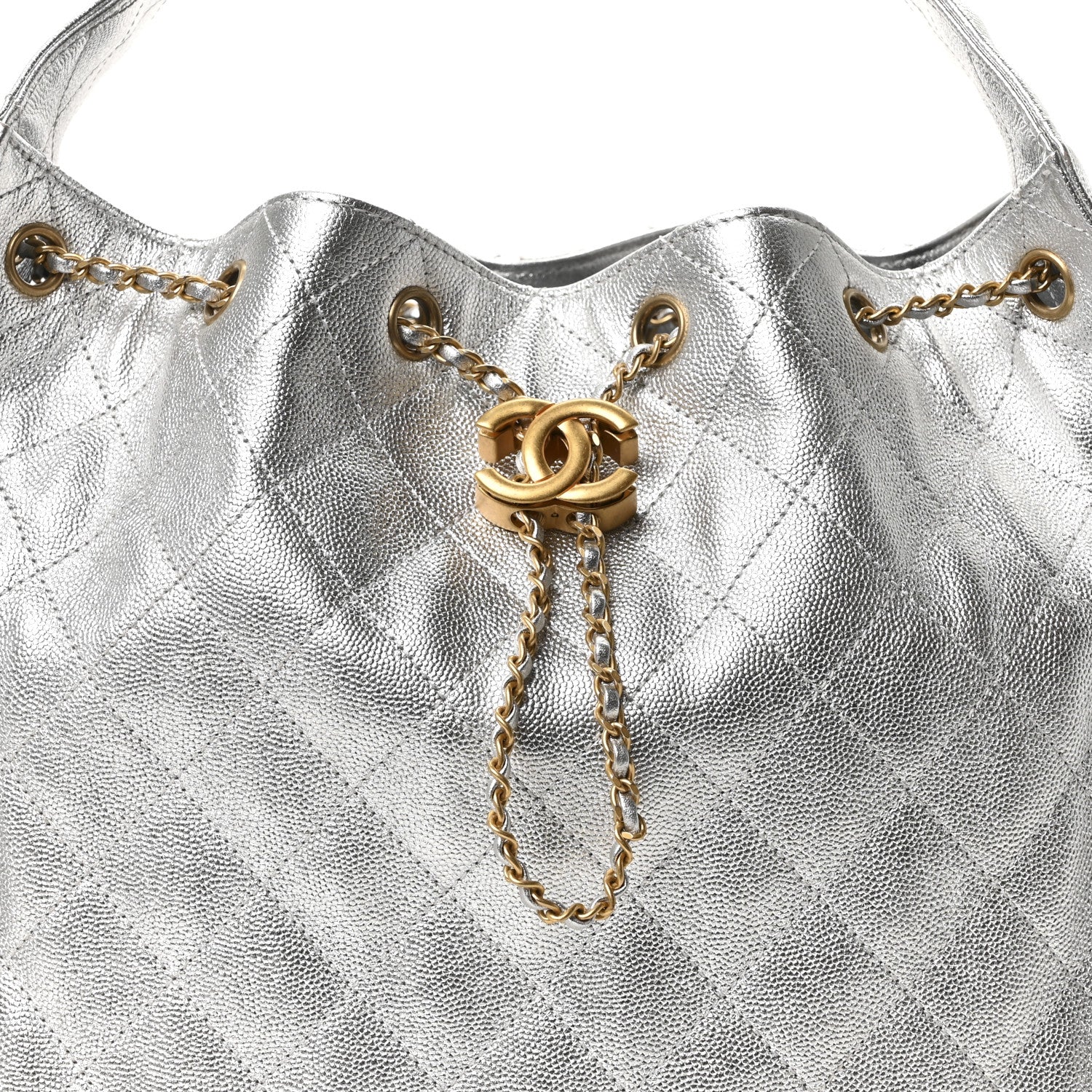 Metallic Caviar Quilted Medium CHNL 25 Handbag Silver