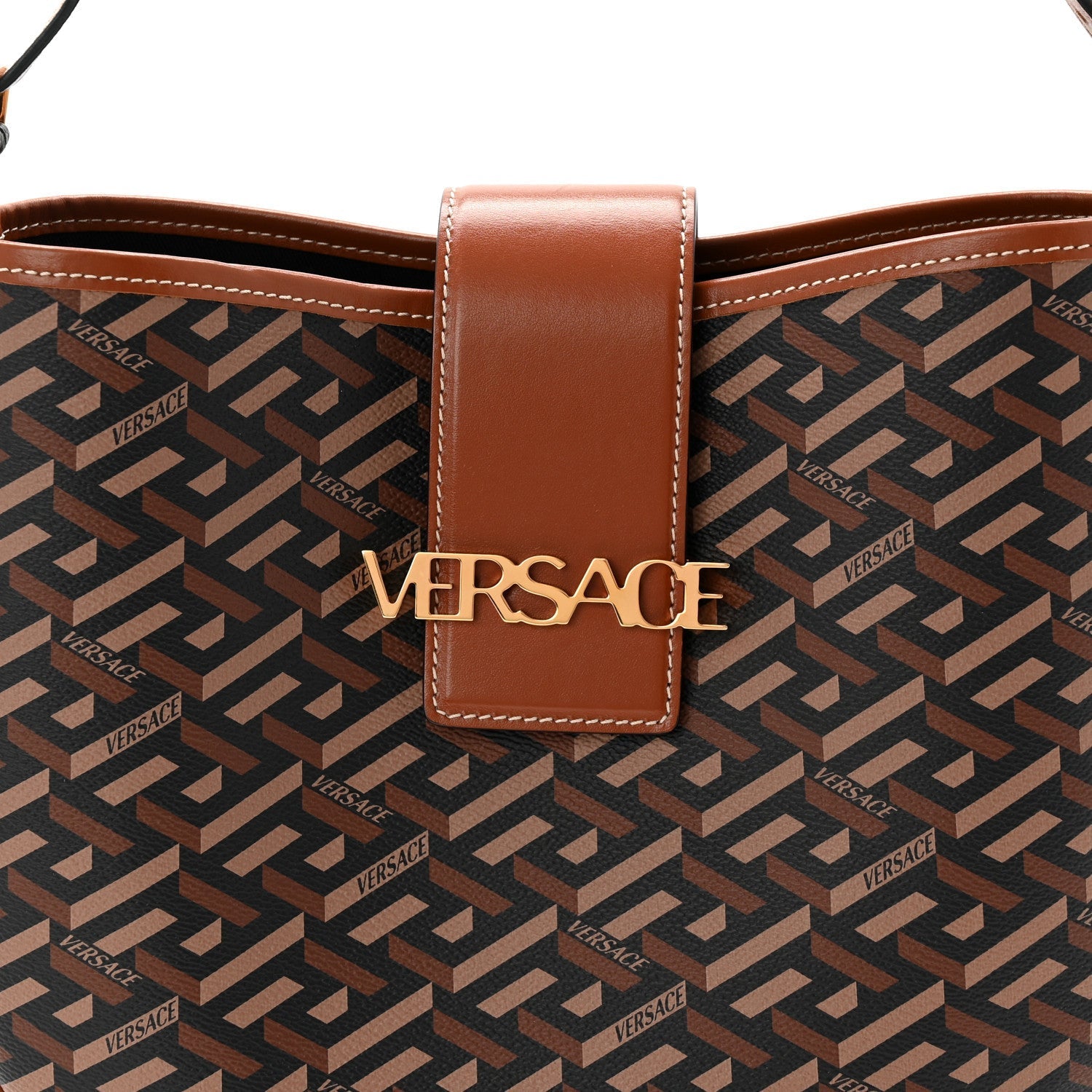 Coated Canvas Calfskin La Greca Signature Shoulder Bag Black Caramel