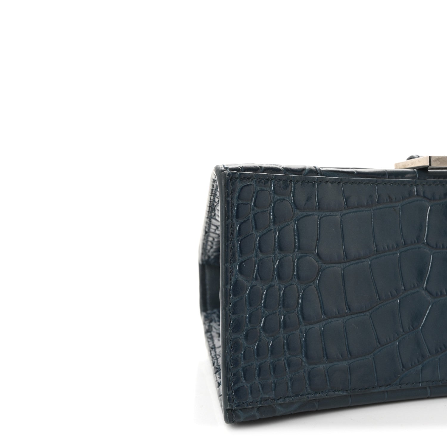 Shiny Calfskin Crocodile Embossed Small Hourglass Top Handle Bag Dark Petrol Blue