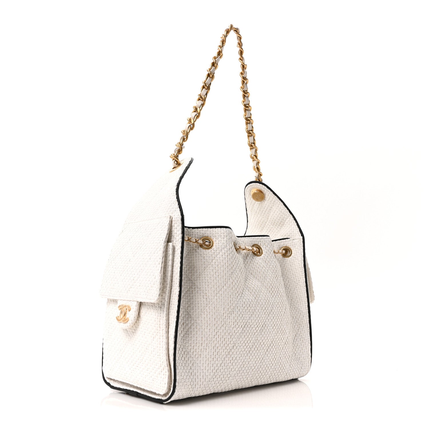 Braided Raffia Calfskin Quilted Small CHNL 25 Handbag White Black