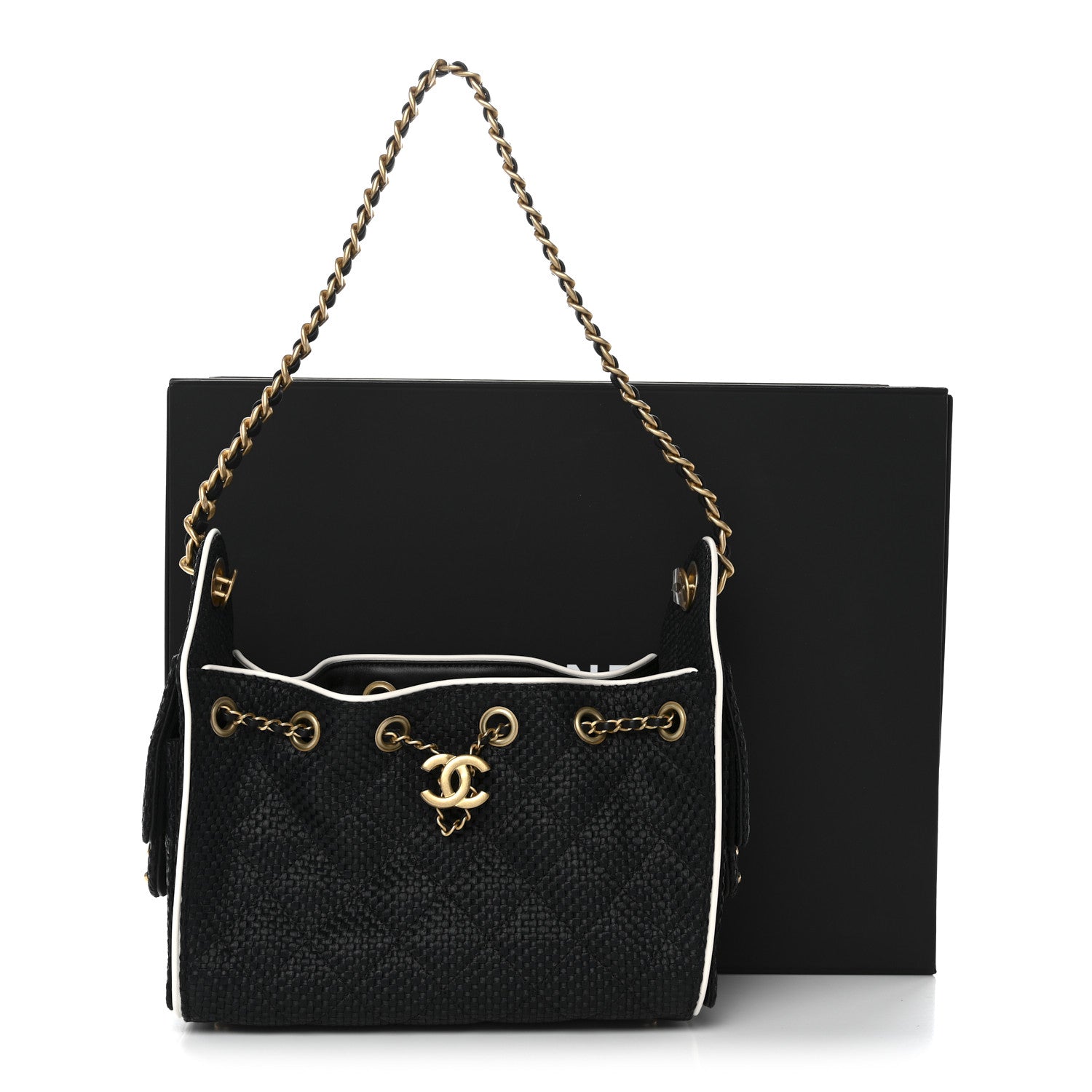 Braided Raffia Calfskin Quilted Mini CHNL 25 Handbag Black White
