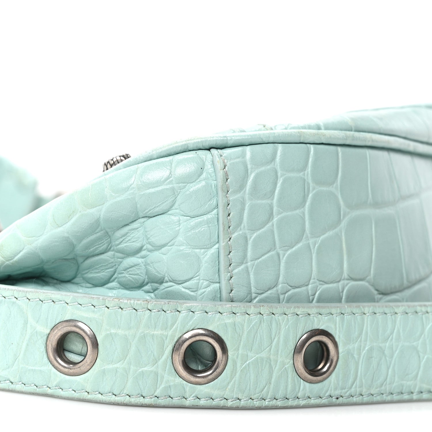 Extra Supple Calfskin Crocodile Embossed Le Cagole Shoulder Bag XS Green Acqua