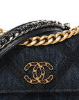 Denim Quilted CHNL 19 Flap Phone Holder With Chain Blue