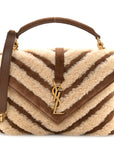 Nubuck Shearling Chevron Monogram Medium College Bag Dark Cigar Natural Beige