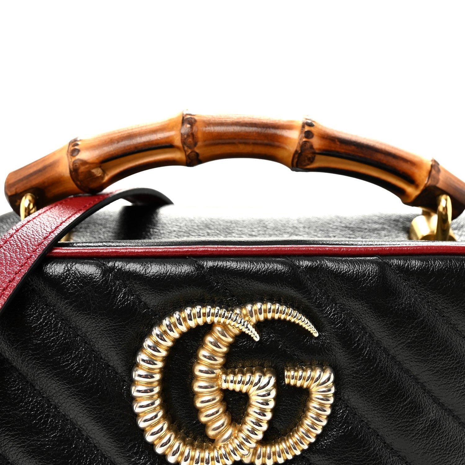 Vintage Effect Calfskin Matelasse Diagonal Small Torchon GG Marmont Bamboo Top Handle Shoulder Bag Black Romantic Cherry