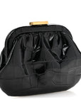 Shiny Supple Calfskin Logo Crocodile Embossed Cloud Coin Purse Black White