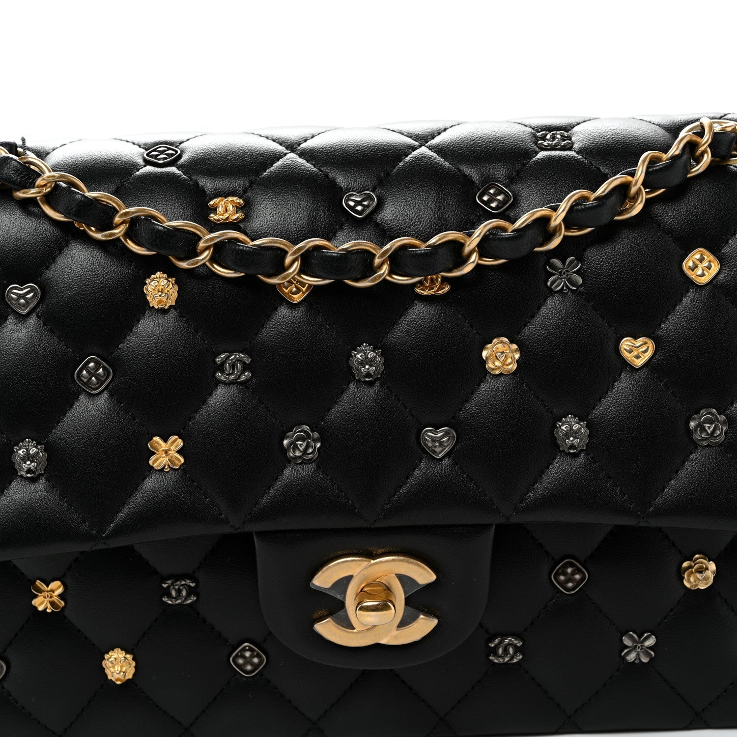 Lambskin Quilted Studded Medium Double Flap Black